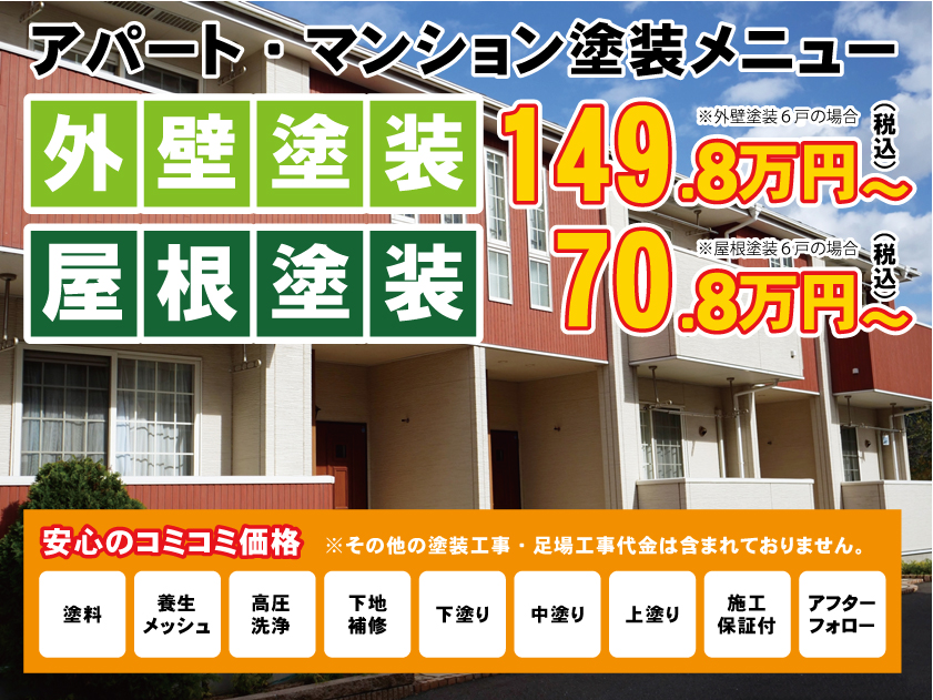 イーペイントのアパート塗装・マンション塗装｜外壁塗装６戸の場合、149.8万円（税込）から